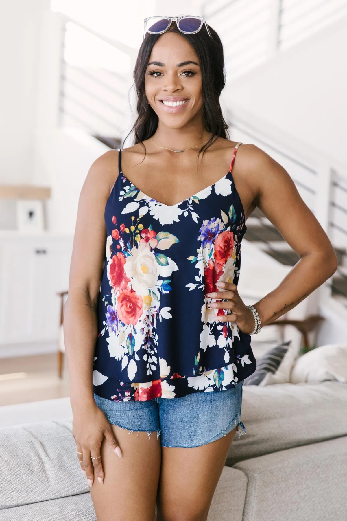 Elegant Floral Camisole In Navy