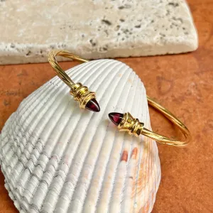 Estate 18KT Yellow Gold Cable Twist Garnet End Cap Bangle Cuff Bracelet