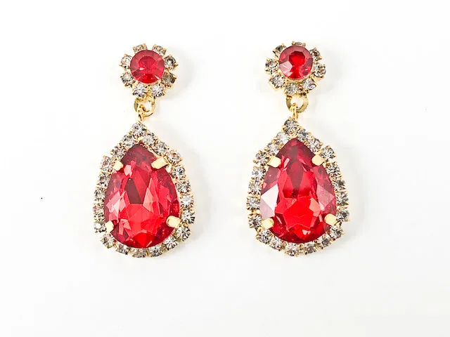 Fancy Elegant Pear Shape Dangle Design Ruby Color Crystal Gold Tone Fashion Earring Bracelet Necklace Set