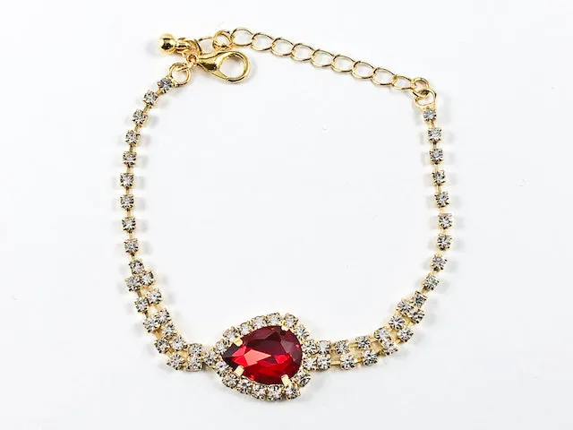 Fancy Elegant Pear Shape Dangle Design Ruby Color Crystal Gold Tone Fashion Earring Bracelet Necklace Set