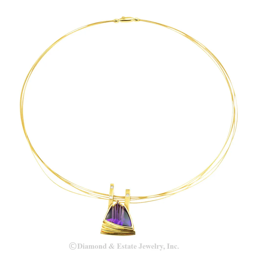 Fantasy Cut Amethyst Princess Cut Diamond Yellow Gold Necklace