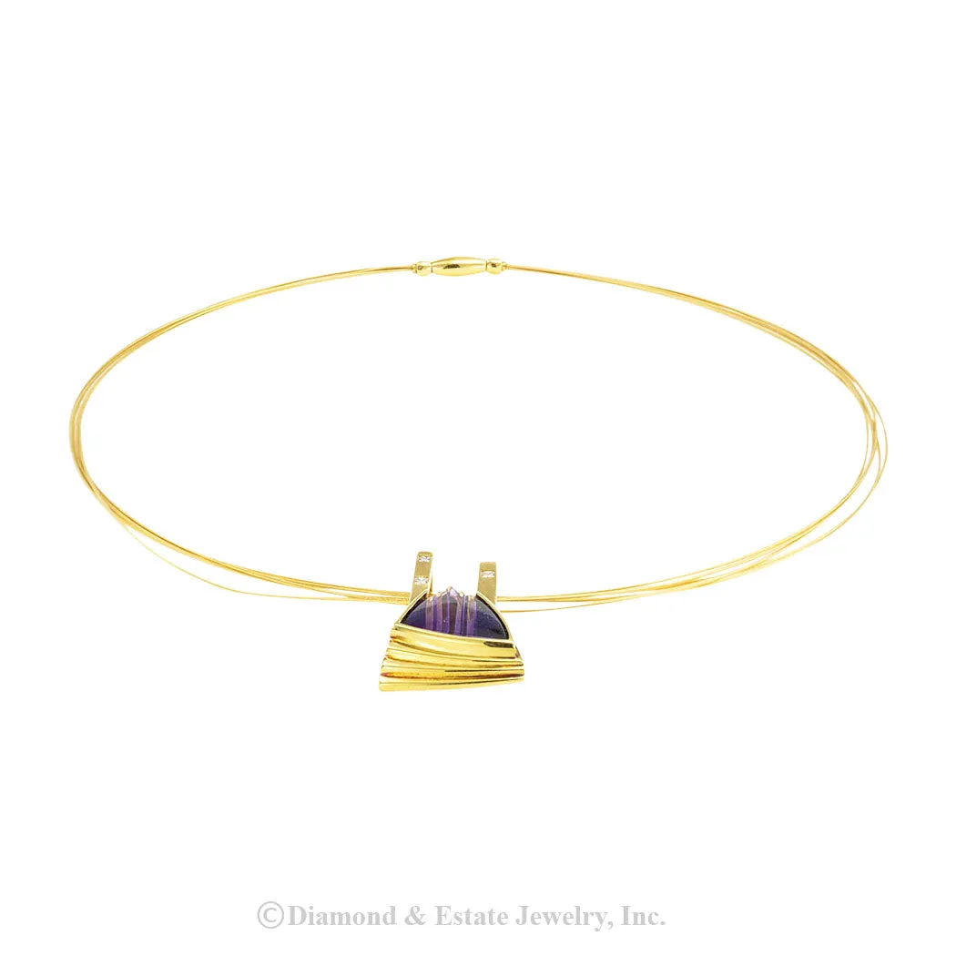 Fantasy Cut Amethyst Princess Cut Diamond Yellow Gold Necklace