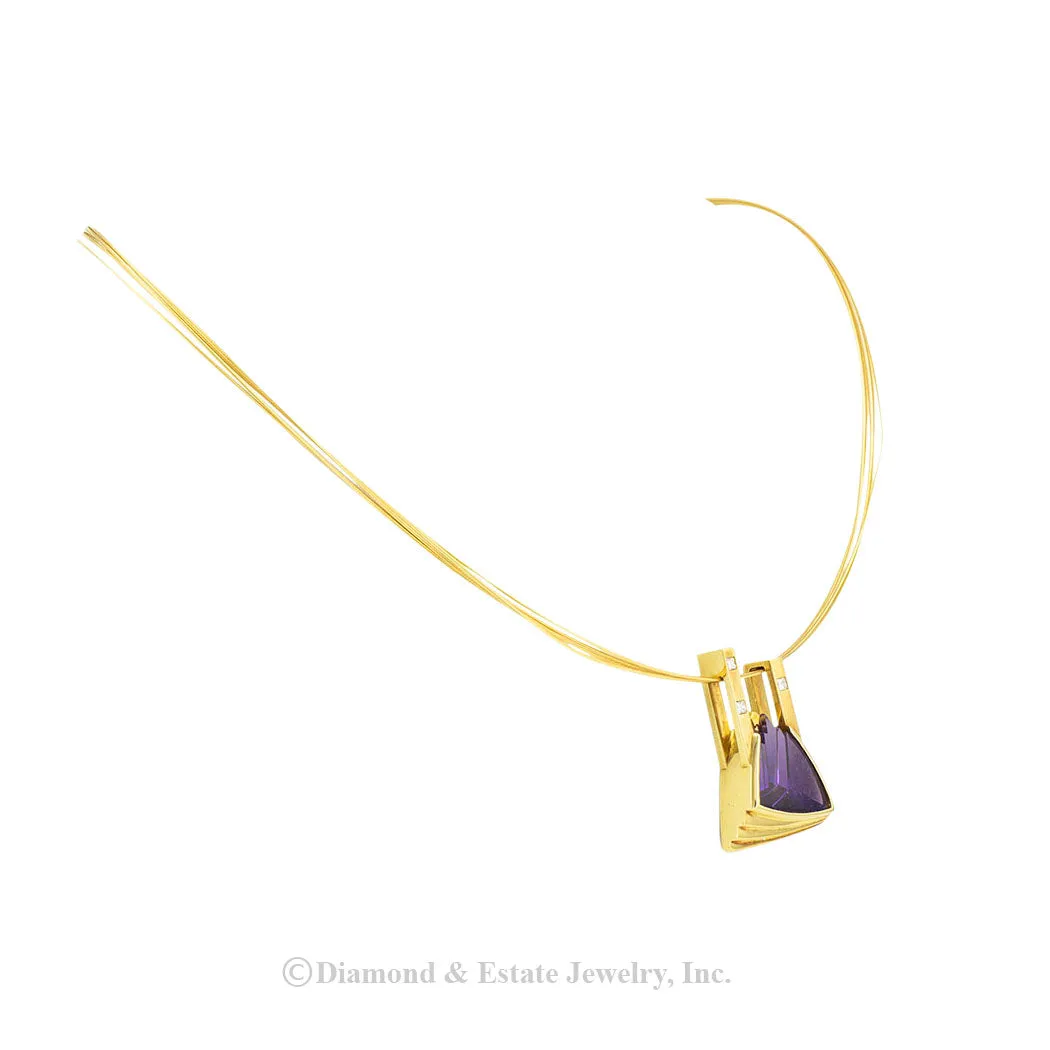 Fantasy Cut Amethyst Princess Cut Diamond Yellow Gold Necklace