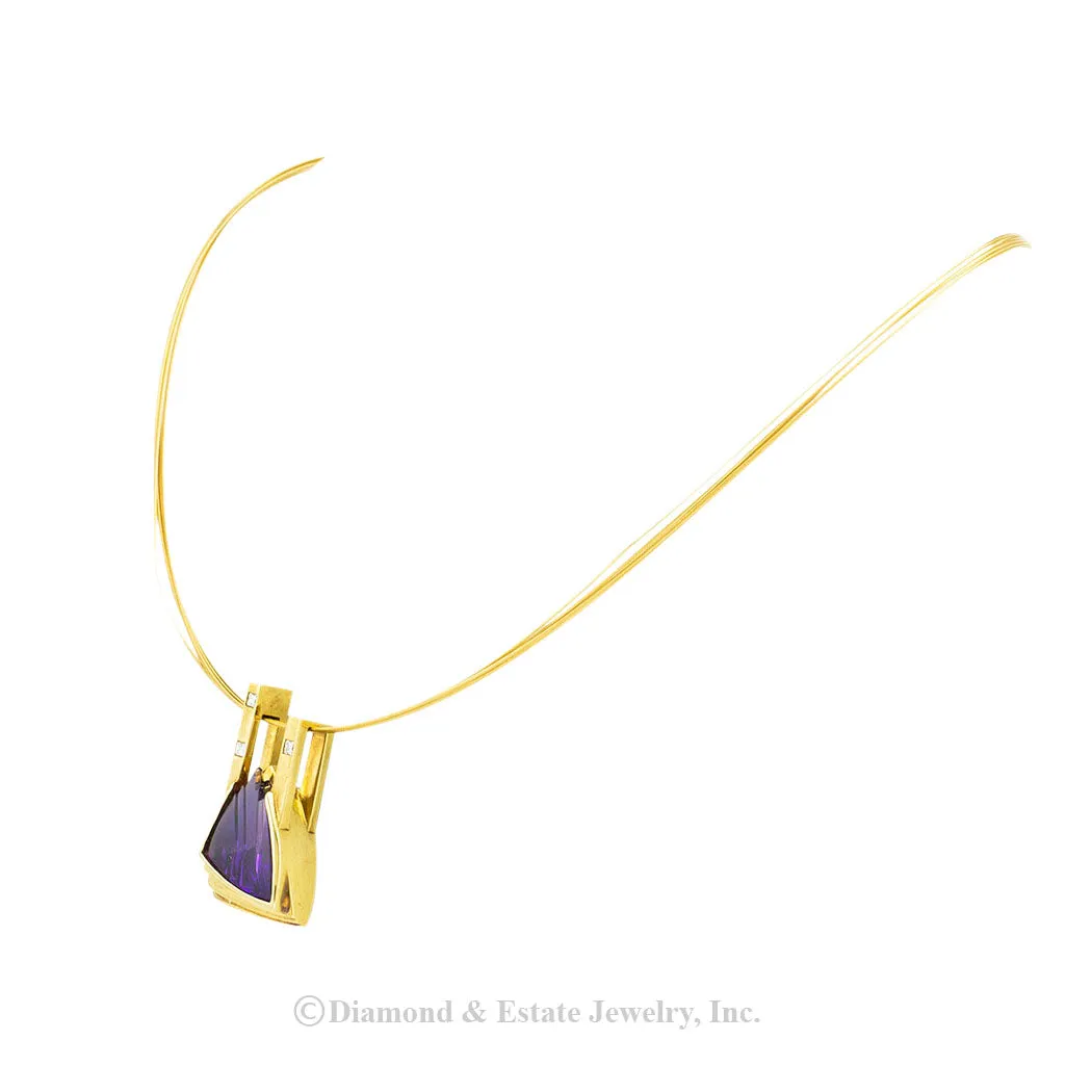 Fantasy Cut Amethyst Princess Cut Diamond Yellow Gold Necklace