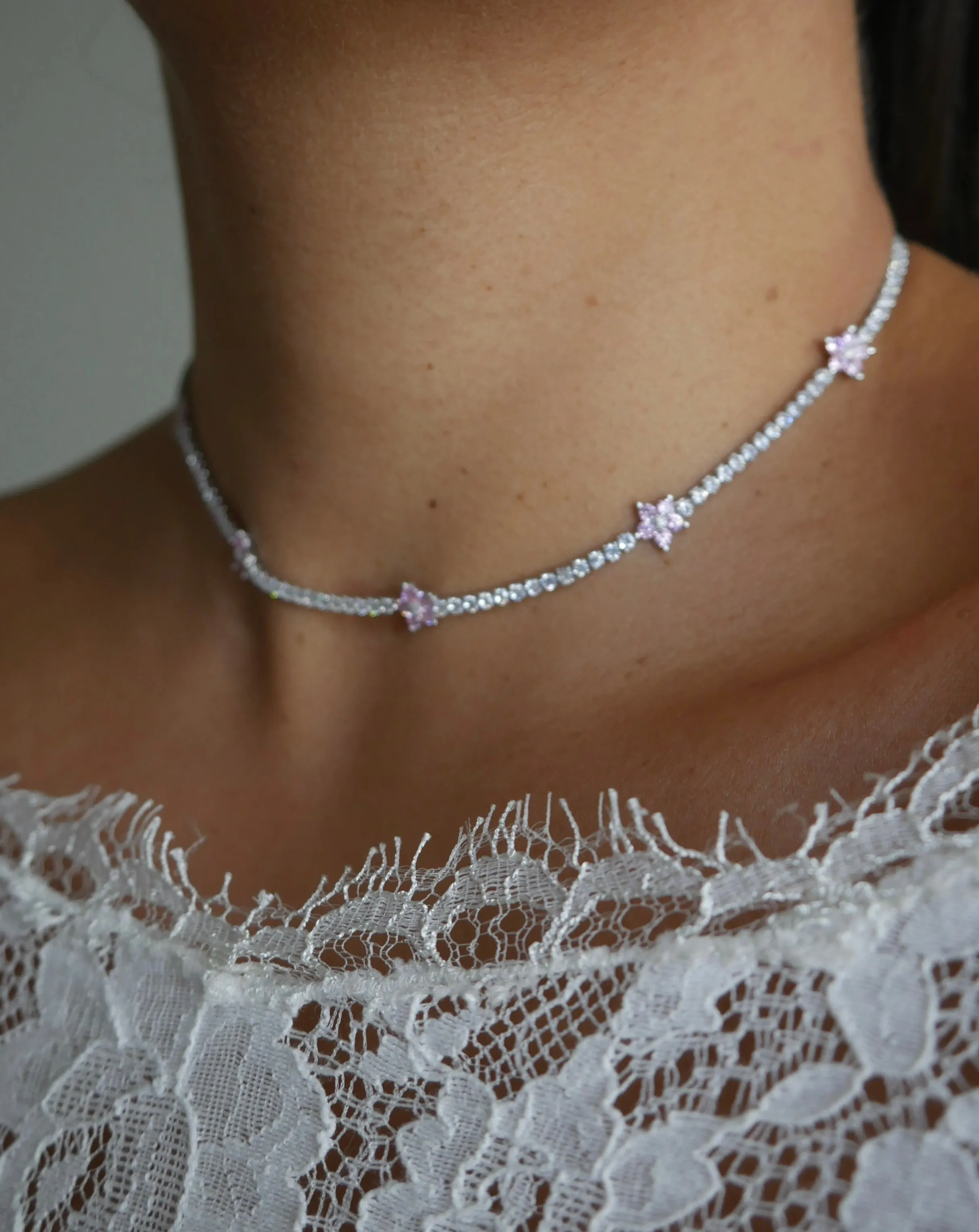 Flower Tennis Necklace .925 Sterling Silver Zircon Choker Statement Necklaces