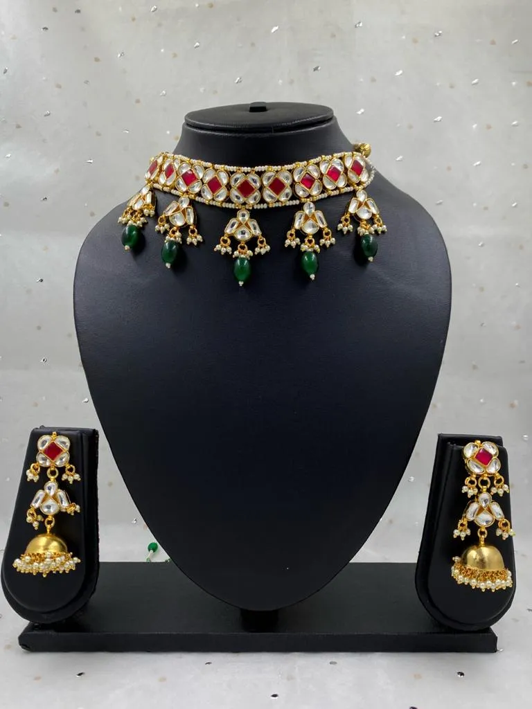 Gehna Shops Traditional Handmade Jadau Kundan Choker Necklace Set For Ladies