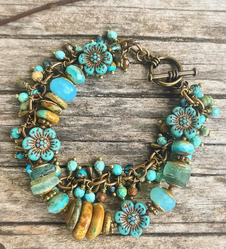 Genuine turquoise stone, czech glass, roman glass, multi strand, bronze metal, bracelet.