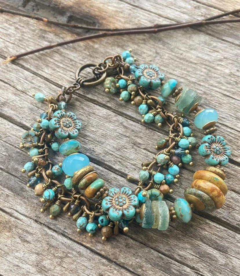 Genuine turquoise stone, czech glass, roman glass, multi strand, bronze metal, bracelet.