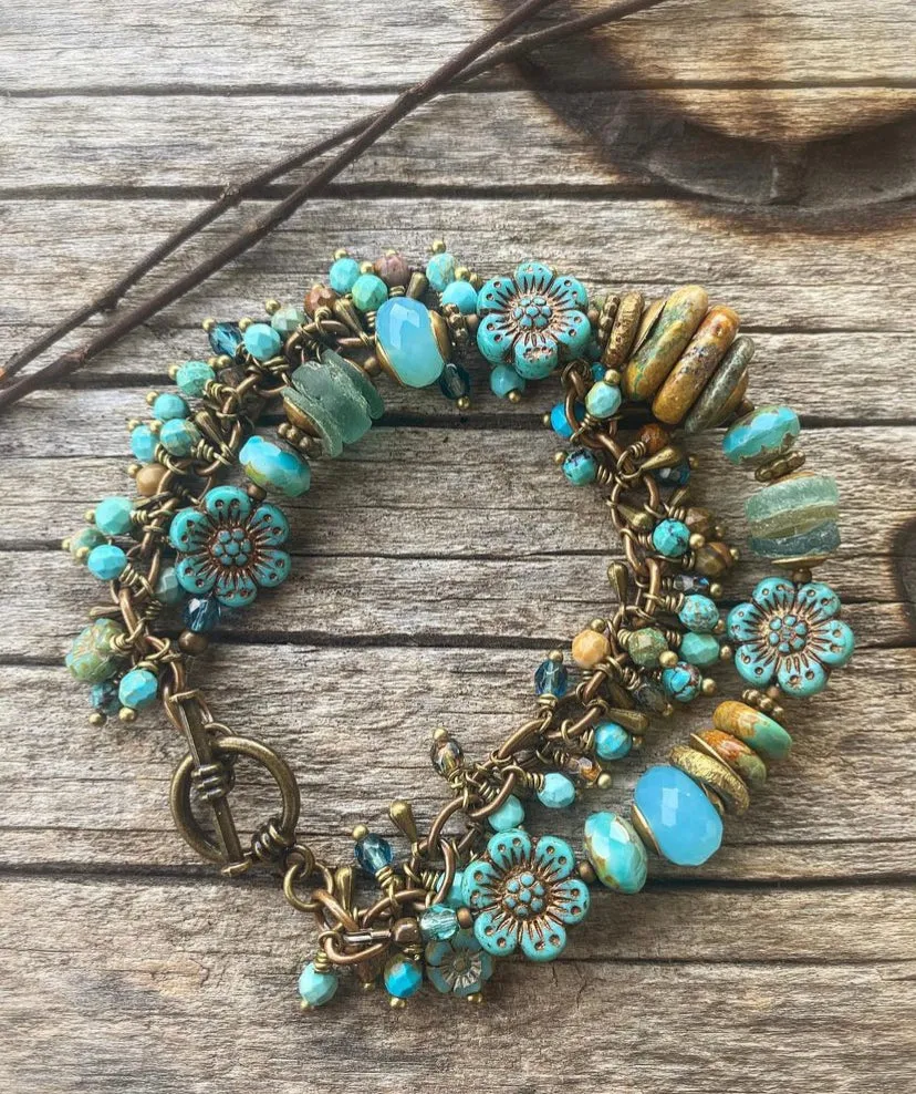 Genuine turquoise stone, czech glass, roman glass, multi strand, bronze metal, bracelet.