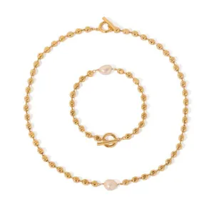 Gold Beaded Pearl Necklace & Bracelet (US)