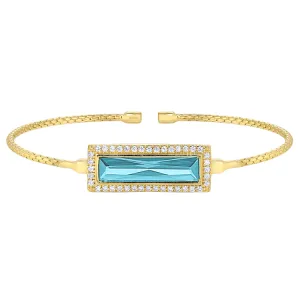 Gold Finish Sterling Silver Cable Cuff Bracelet with Rectangular Simulated Aquamarine Stone and Simulated Diamonds