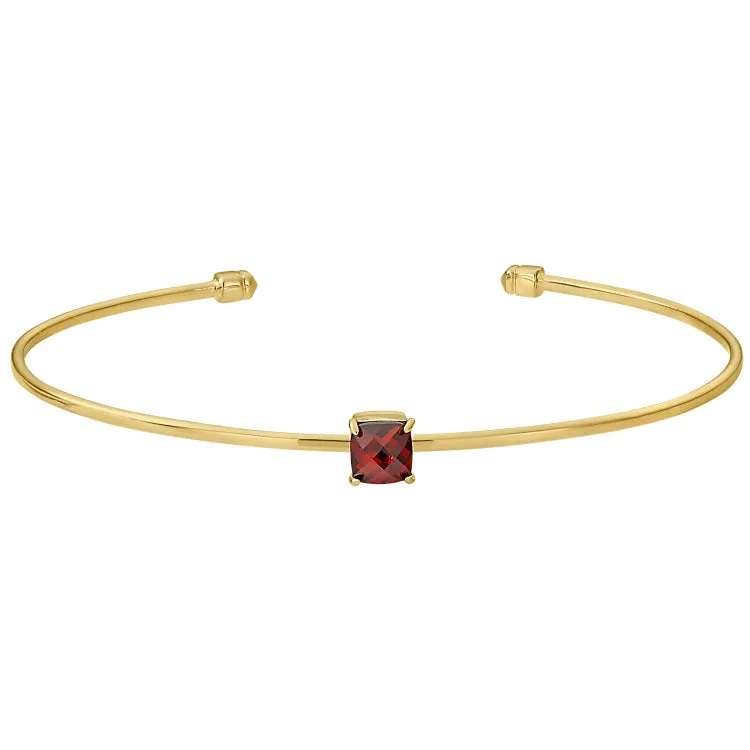 Gold Finish Sterling Silver Pliable Cuff Bracelet with Faceted Cushion Cut Simulated Garnet Birth Gem - January