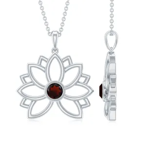 Gold Lotus Flower Pendant with 3 MM Round Cut Garnet