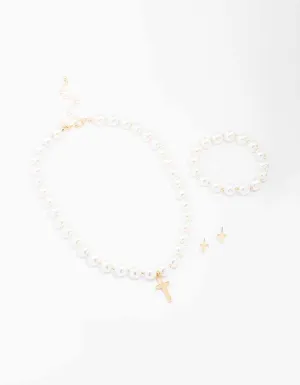 Gold Pearl Cross Matching Jewellery Set