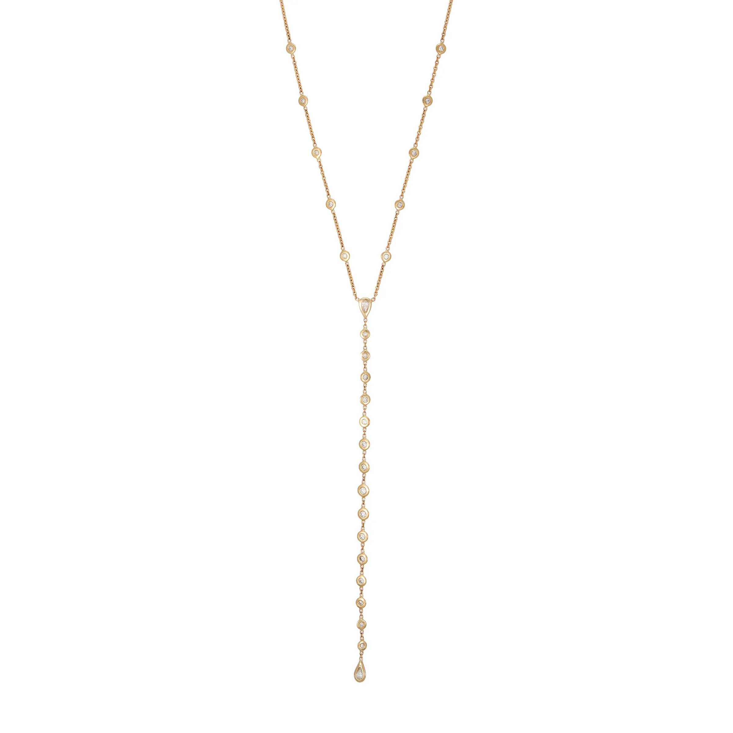 GRADUATED ROUND   TEARDROP DIAMOND BEZEL Y NECKLACE