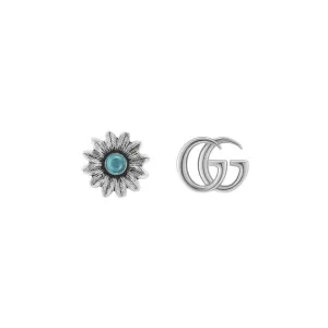 Gucci Sterling Silver GG Marmont Flower & GG Earrings with Blue Topaz