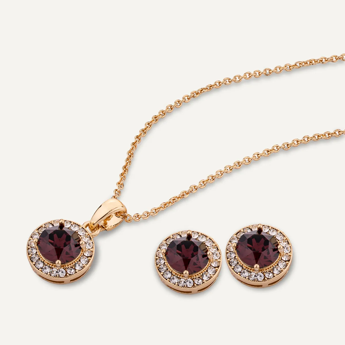 January Garnet-Colour Birthstone Necklace & Earring Set In Gold-Tone