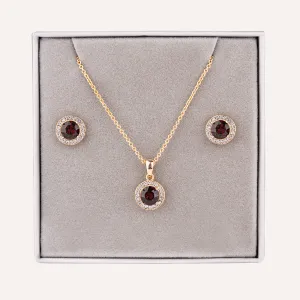 January Garnet-Colour Birthstone Necklace & Earring Set In Gold-Tone