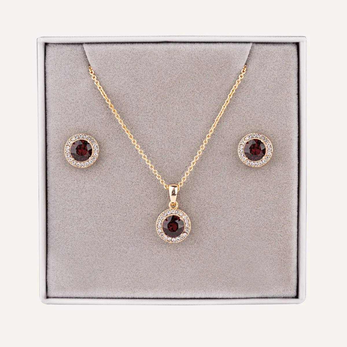 January Garnet-Colour Birthstone Necklace & Earring Set In Gold-Tone