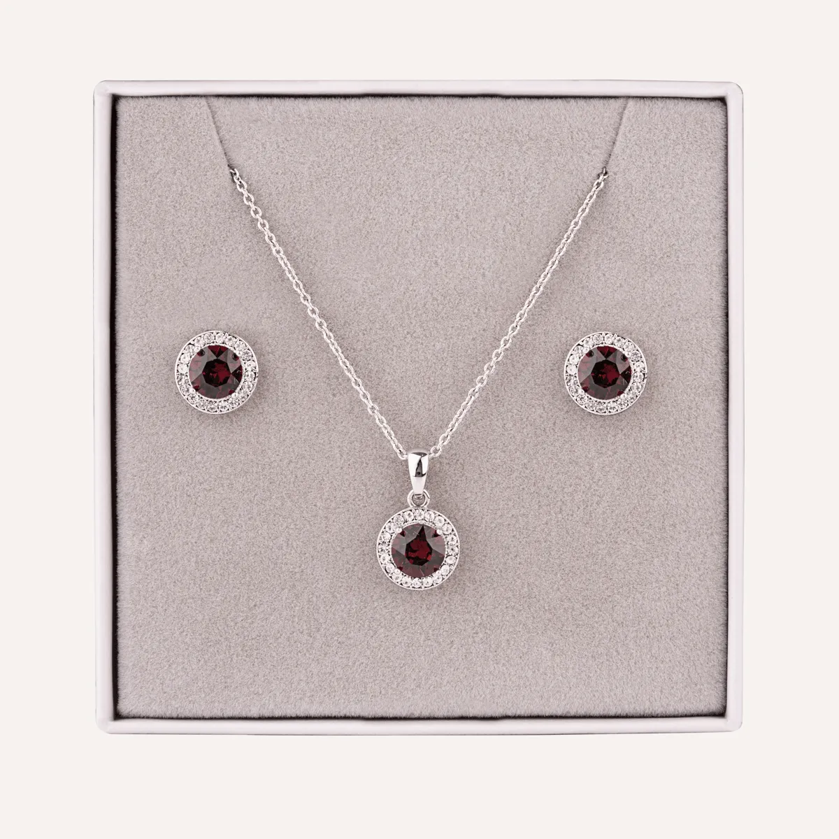 January Garnet-Colour Birthstone Necklace & Earring Set In Silver-Tone