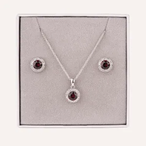 January Garnet-Colour Birthstone Necklace & Earring Set In Silver-Tone