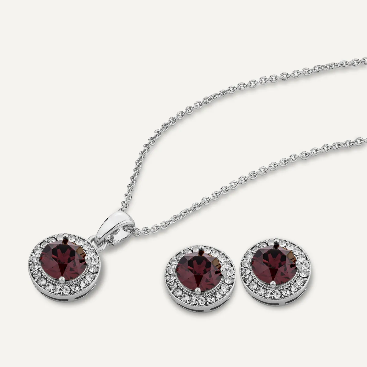 January Garnet-Colour Birthstone Necklace & Earring Set In Silver-Tone