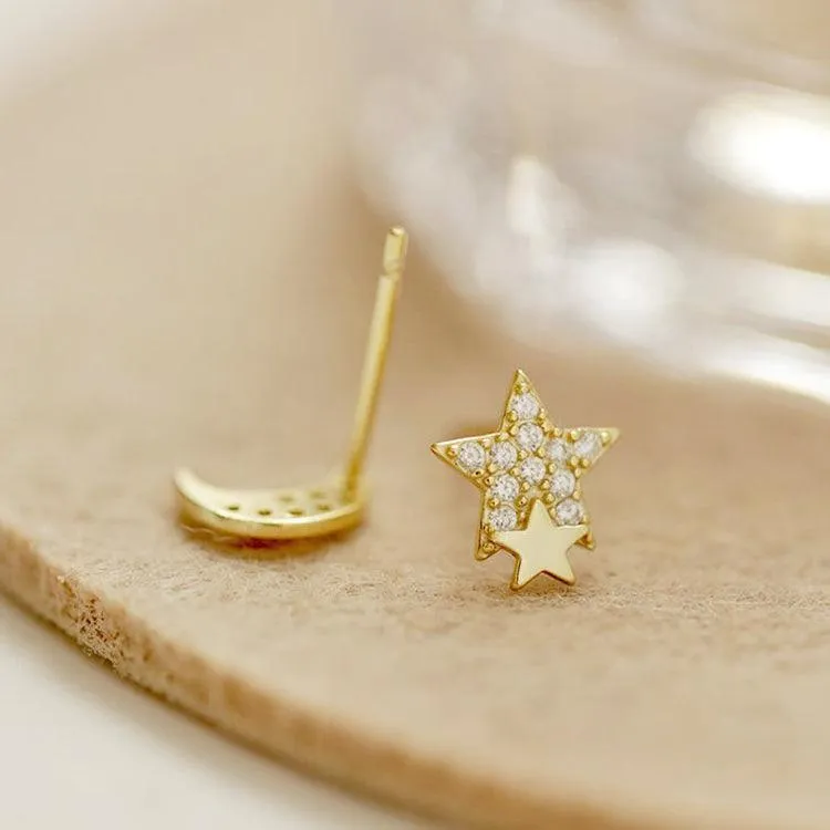 Kandra Double Moon & Star Stud Earrings | 18K Gold Plated