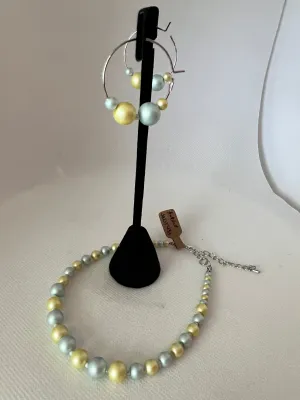 Light blue and yellow glass pearl Ankle Bracelet and Small Hoop Earrings