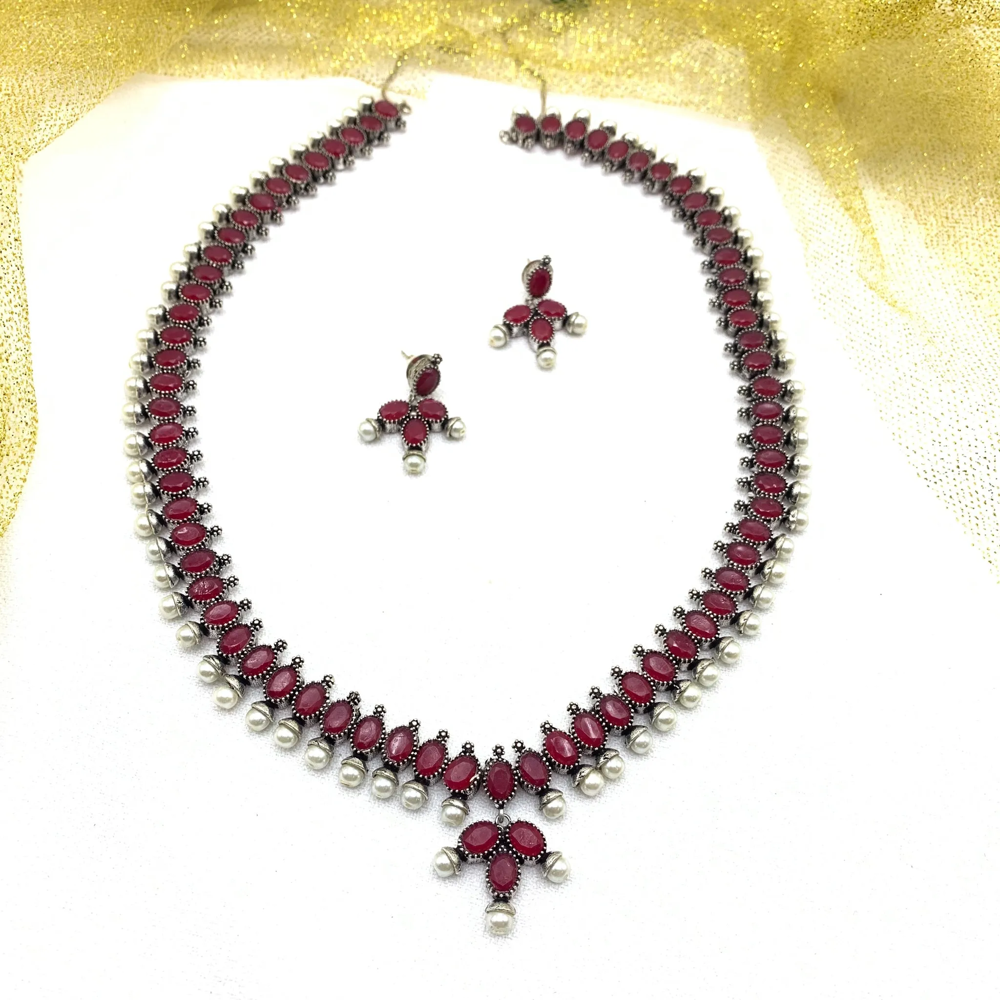 Long Oxidized Silver Necklace in Ruby Red and Pearl