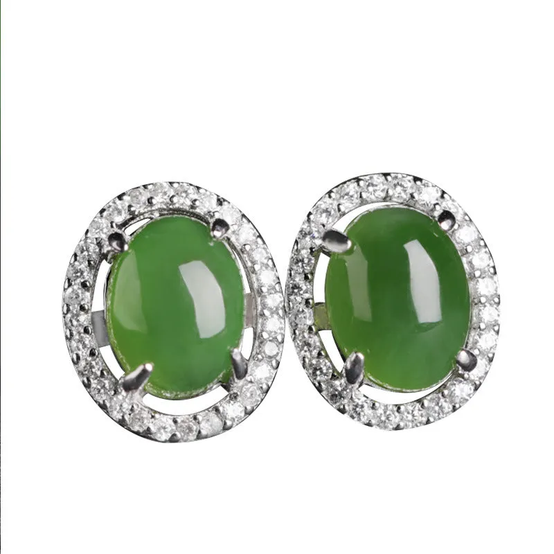 Natural Jade Earrings Nephrite Silver Zircon Earrings ZEG515