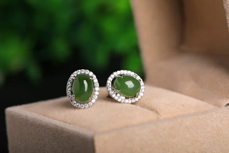 Natural Jade Earrings Nephrite Silver Zircon Earrings ZEG515