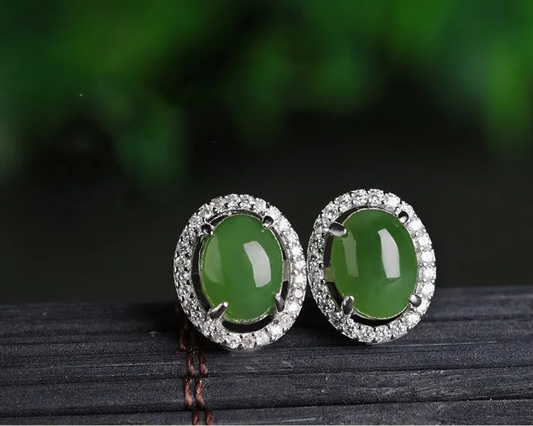 Natural Jade Earrings Nephrite Silver Zircon Earrings ZEG515