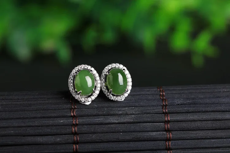 Natural Jade Earrings Nephrite Silver Zircon Earrings ZEG515