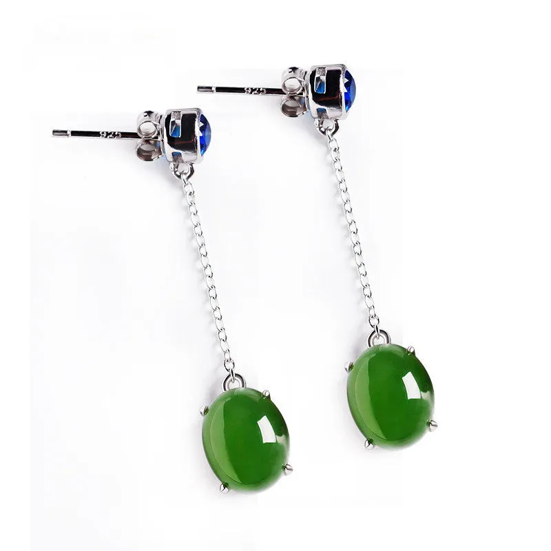 Natural Jade Earrings Nephrite Silver Zircon Earrings ZEG522