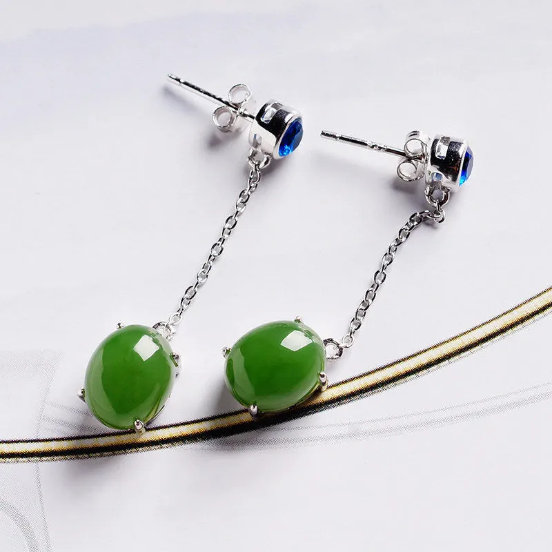 Natural Jade Earrings Nephrite Silver Zircon Earrings ZEG522