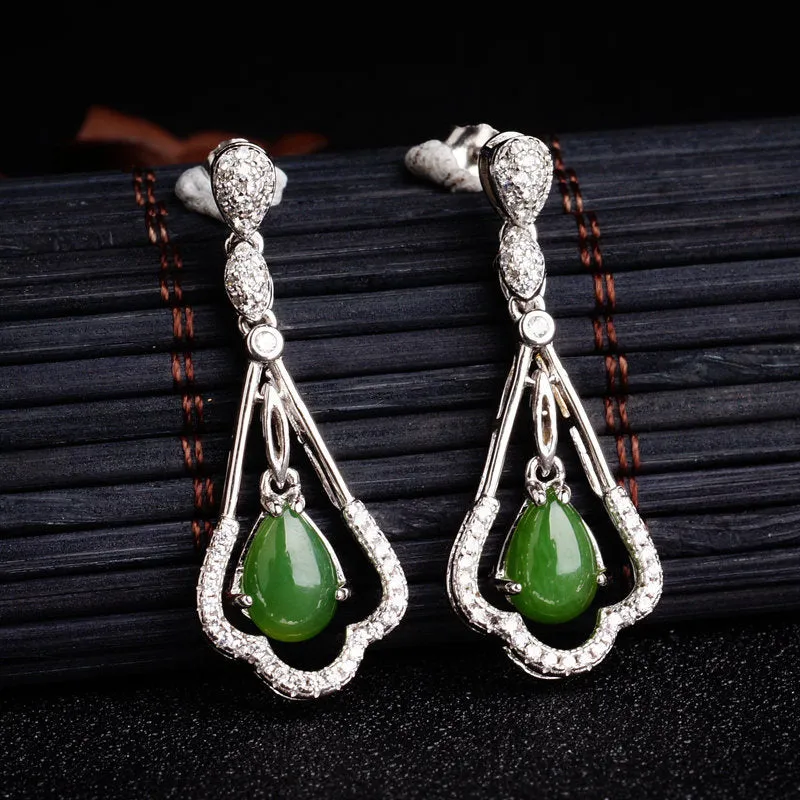 Natural Jade Earrings Nephrite Silver Zircon Earrings ZEG551