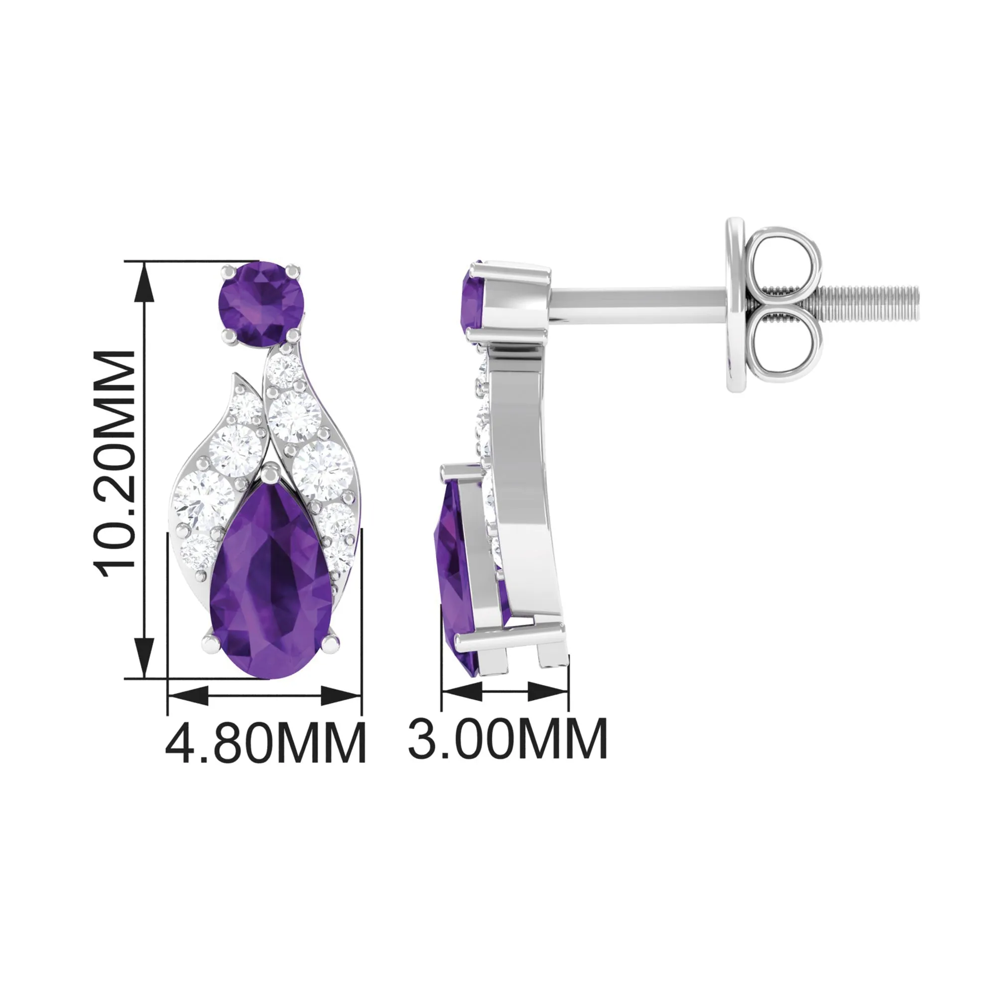 Nature Inspired Amethyst and Diamond Leaf Stud Earrings