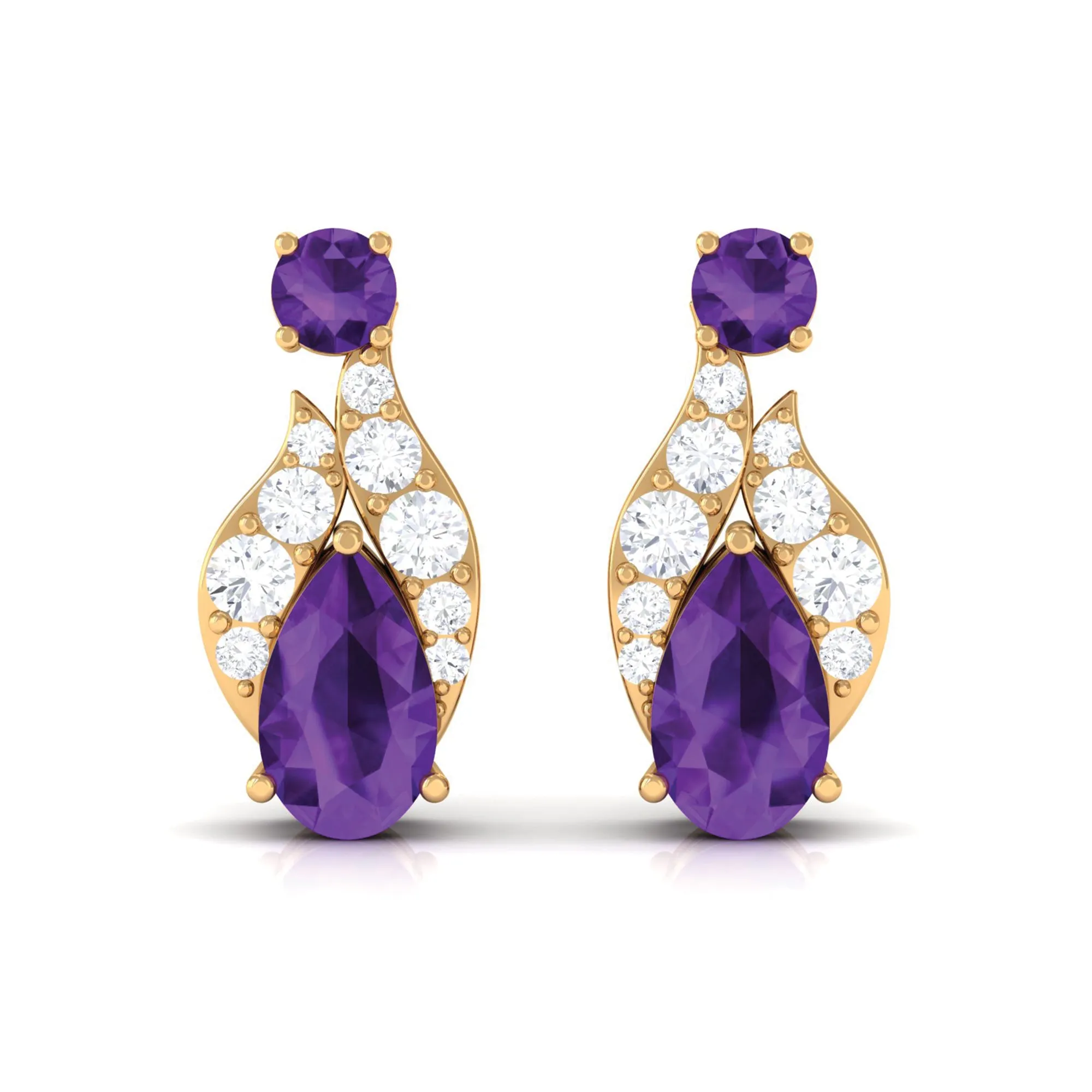 Nature Inspired Amethyst and Diamond Leaf Stud Earrings