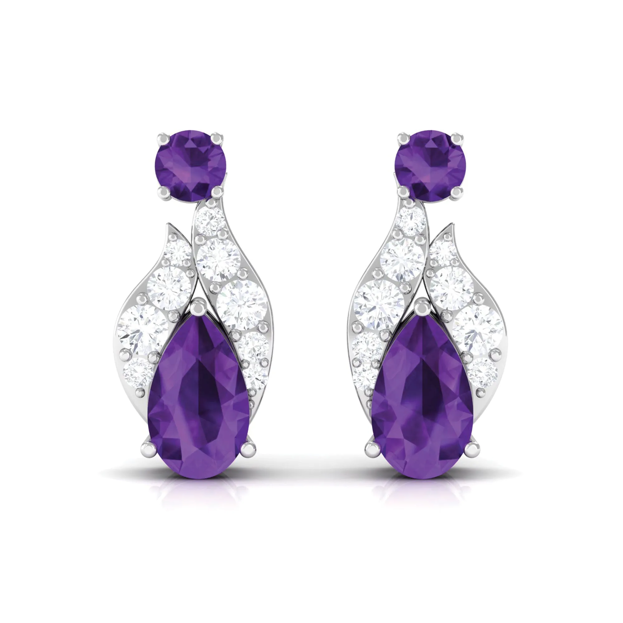 Nature Inspired Amethyst and Diamond Leaf Stud Earrings