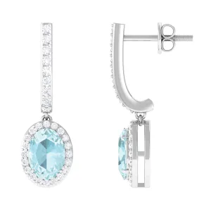 Oval Sky Blue Topaz Classic Hoop Drop Earrings with Diamond Accent