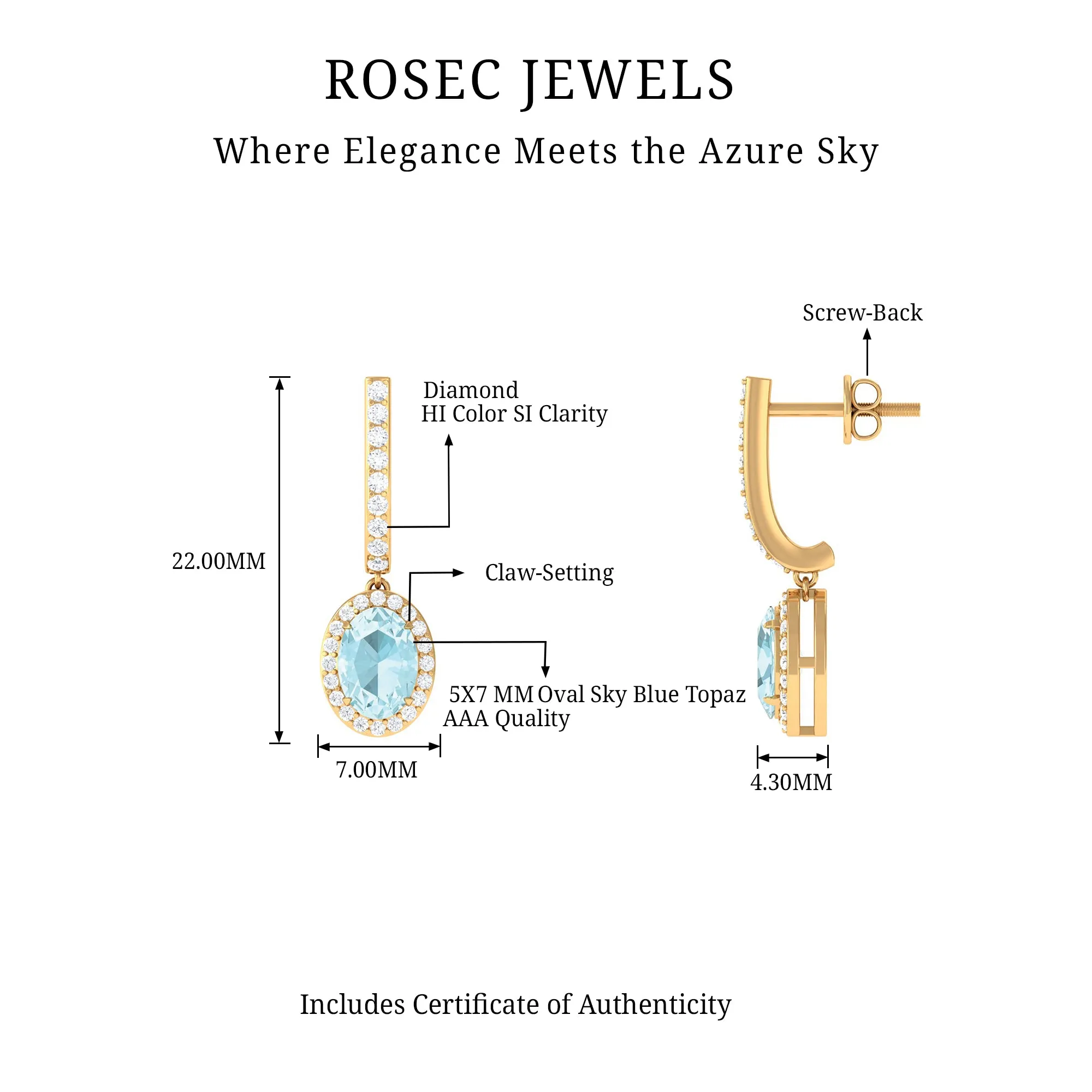 Oval Sky Blue Topaz Classic Hoop Drop Earrings with Diamond Accent