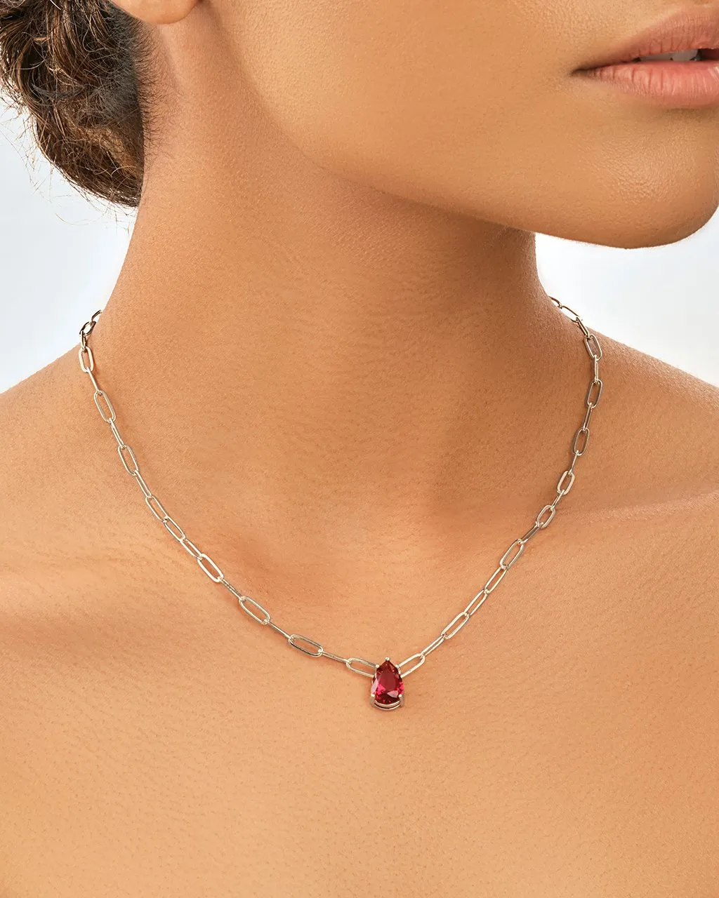 Paperclip Chain with Teardrop CZ Pendant Necklace