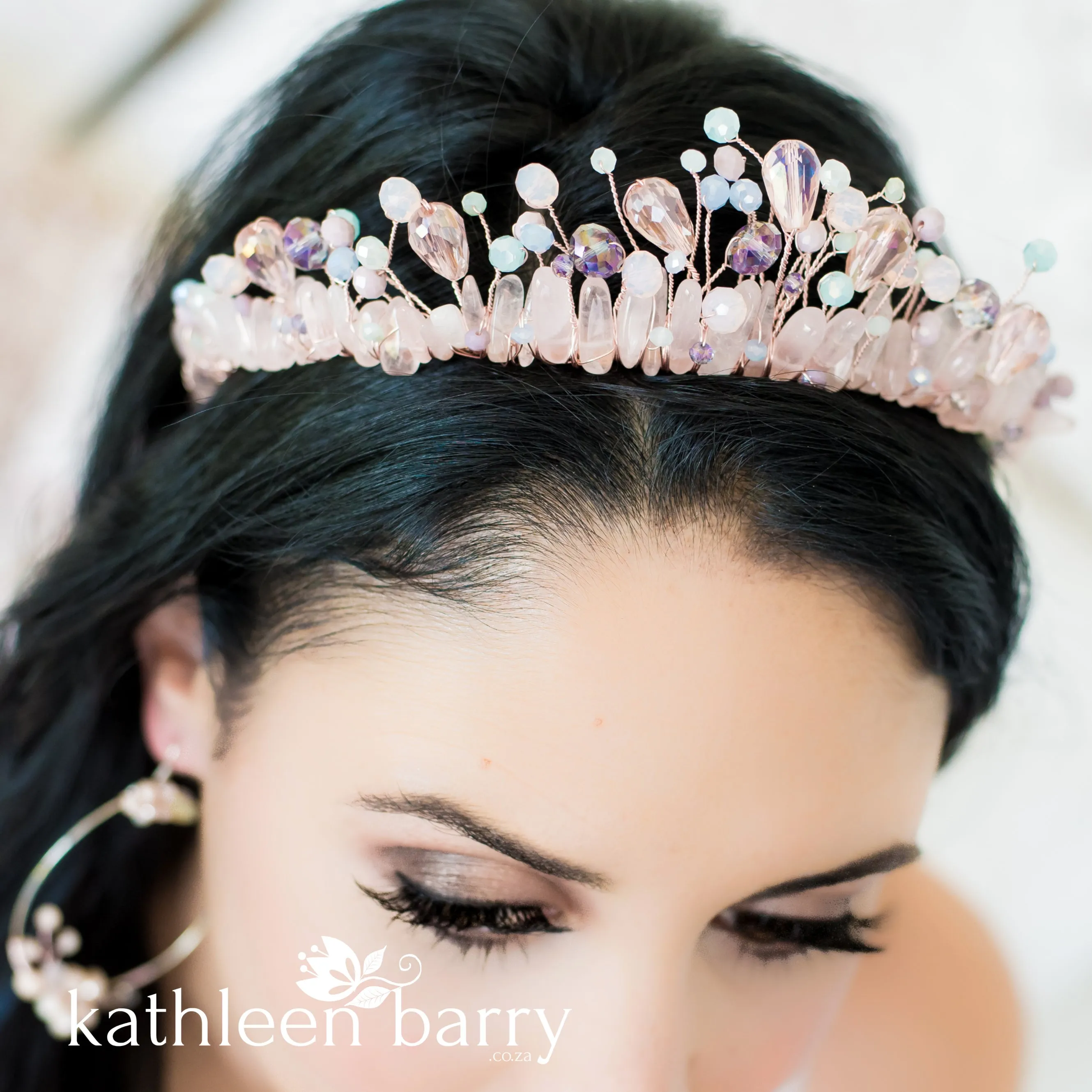 Pastel shades and Rose quartz and pearl crystal crown - Rose gold, gold or silver