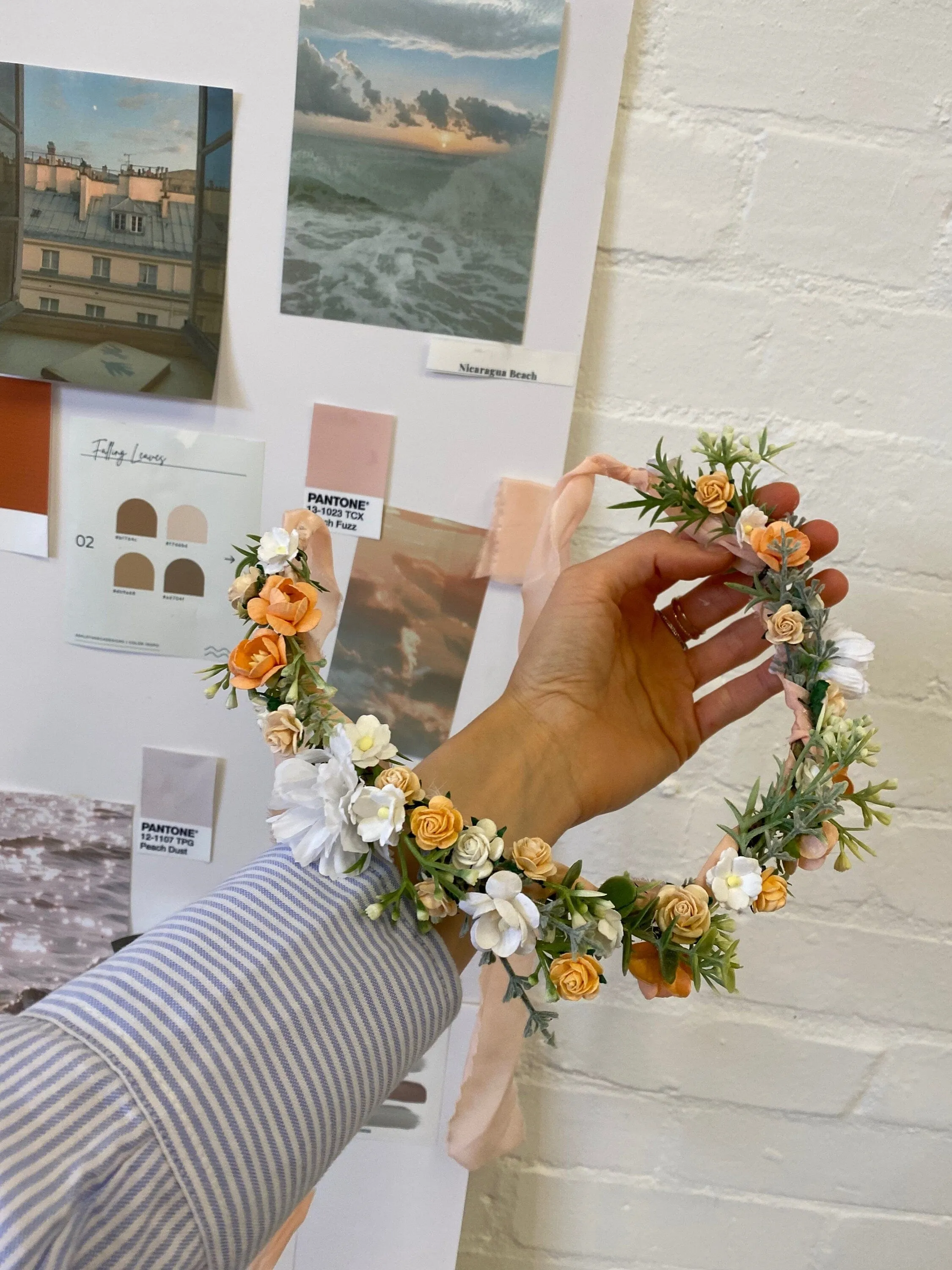 Peach Dainty Flower Crown, Fabric Ribbon, Mullberry Paper Roses,Blush Peach & Cream Roses