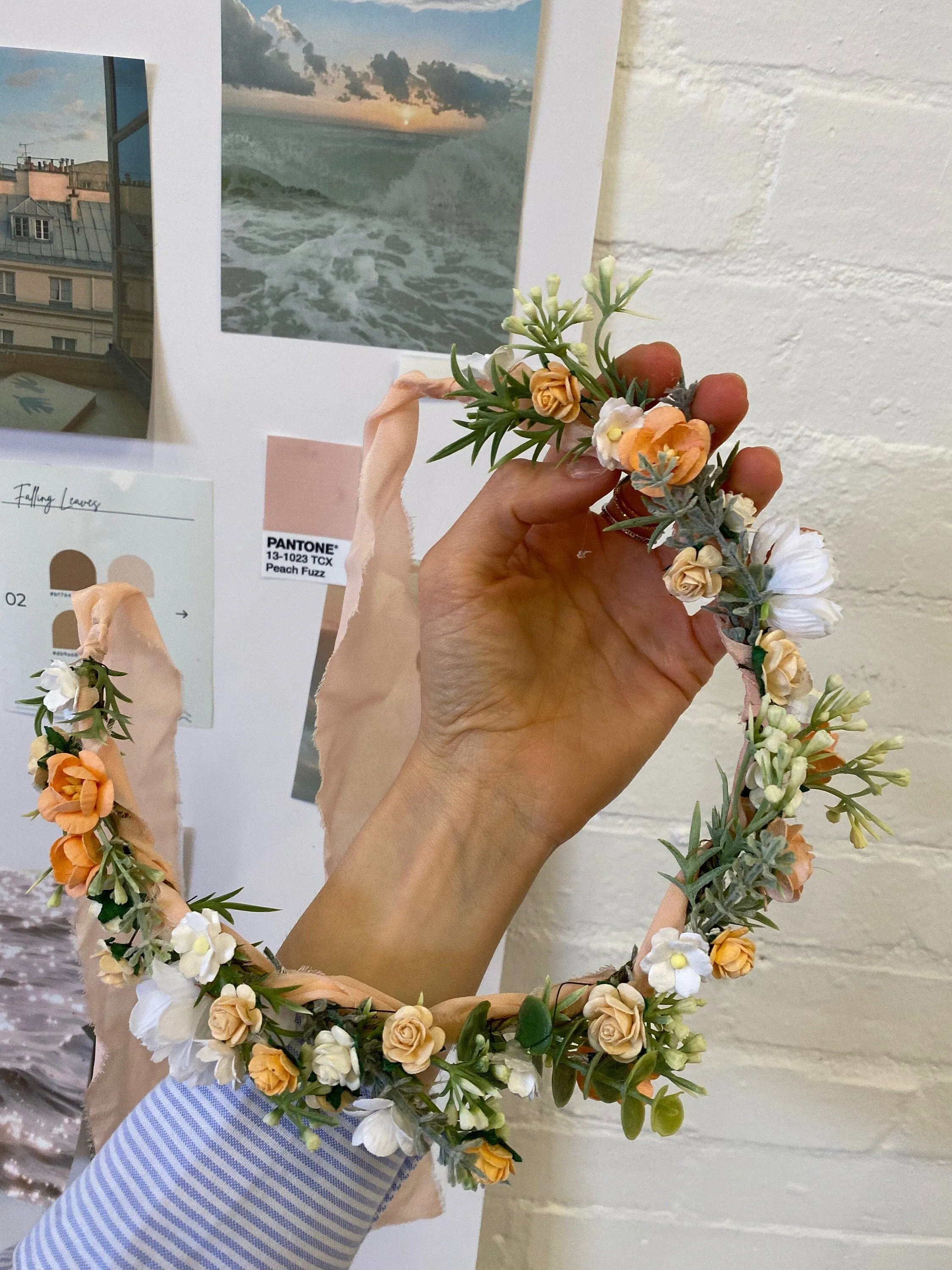 Peach Dainty Flower Crown, Fabric Ribbon, Mullberry Paper Roses,Blush Peach & Cream Roses