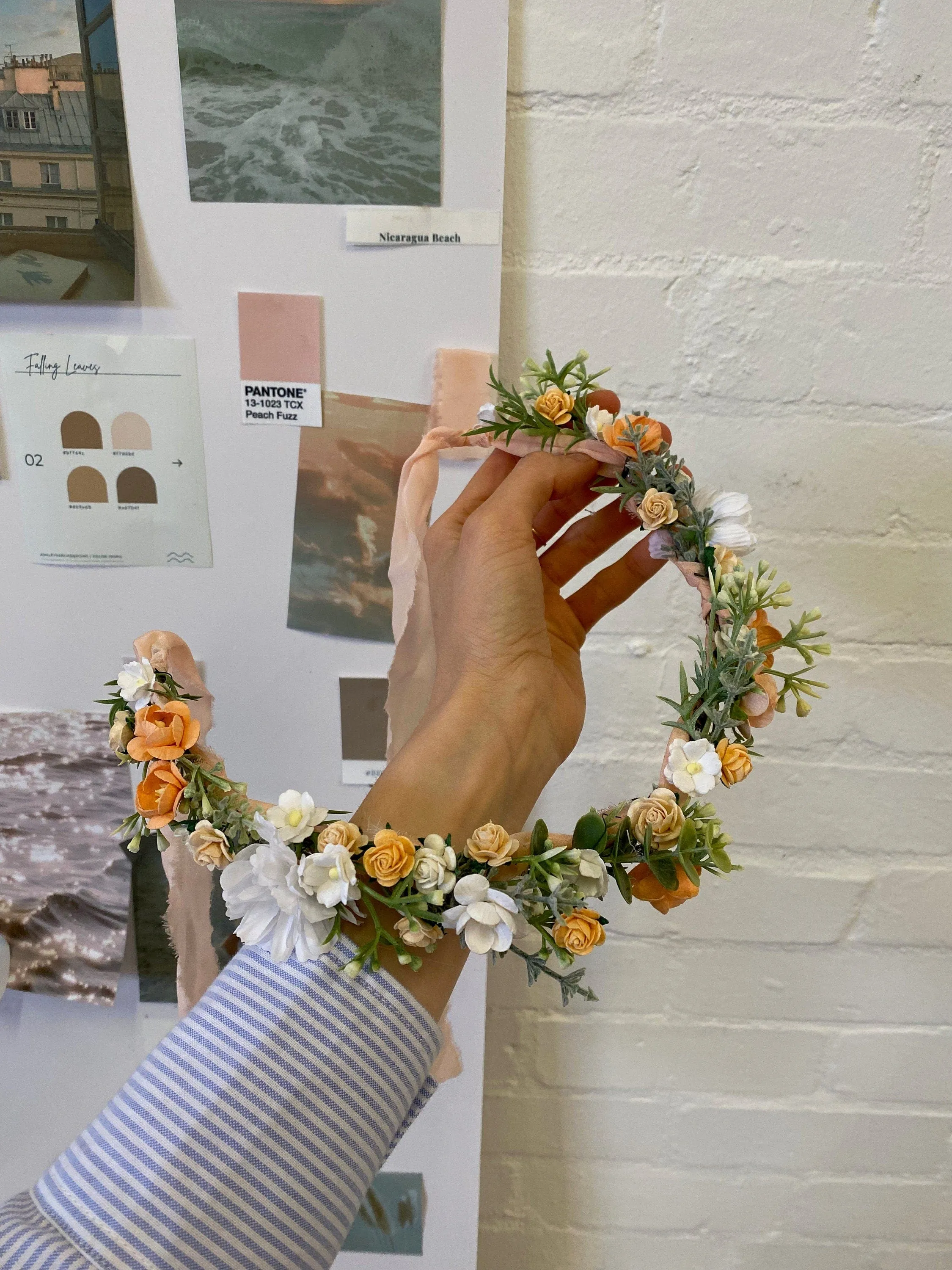 Peach Dainty Flower Crown, Fabric Ribbon, Mullberry Paper Roses,Blush Peach & Cream Roses