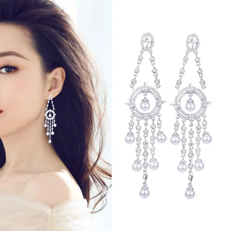 Pearl earrings long tassel heavy zircon earrings versatile for banquets.