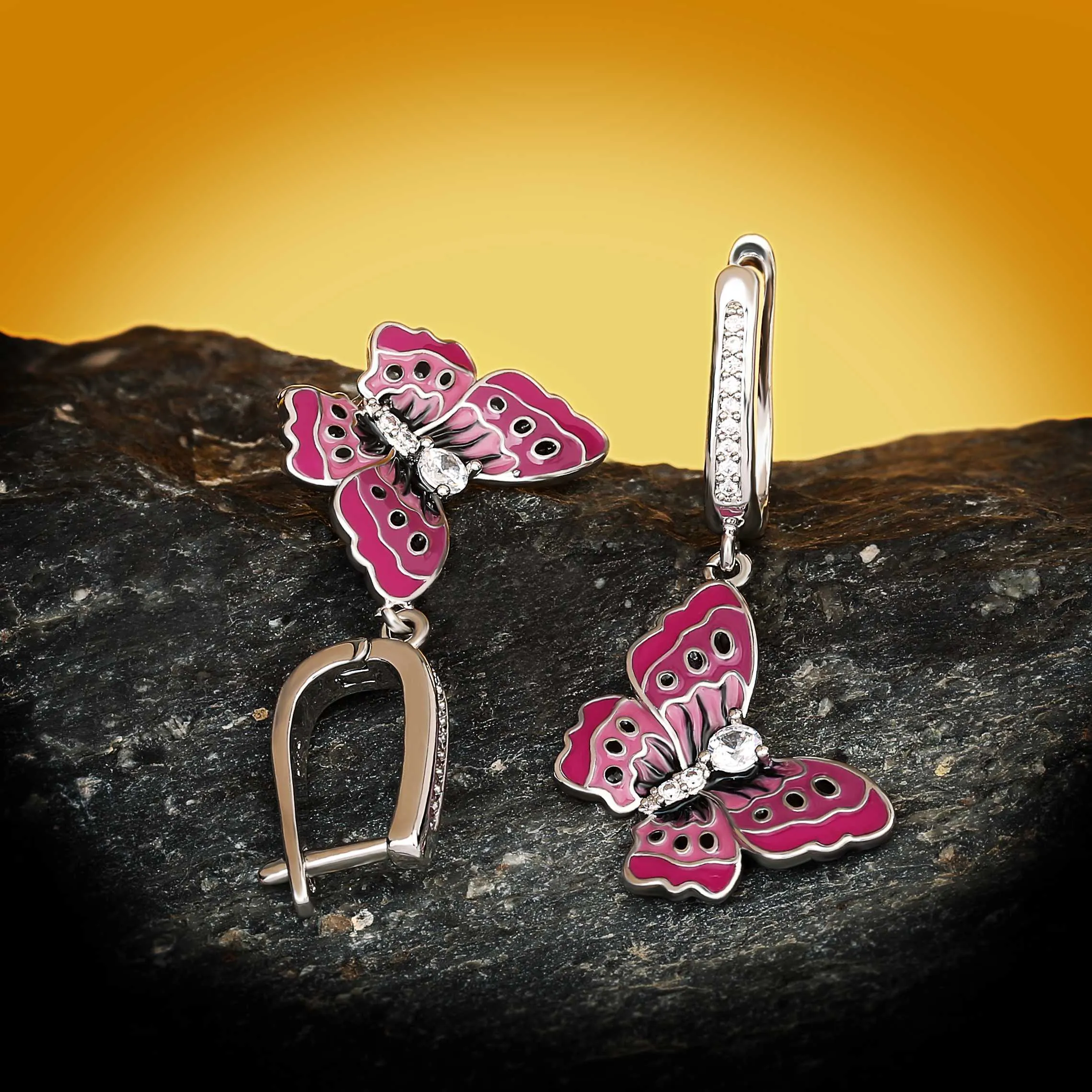 Pink Butterfly Enamel Drop Earrings for Women with Zircon in 925 Sterling Silver