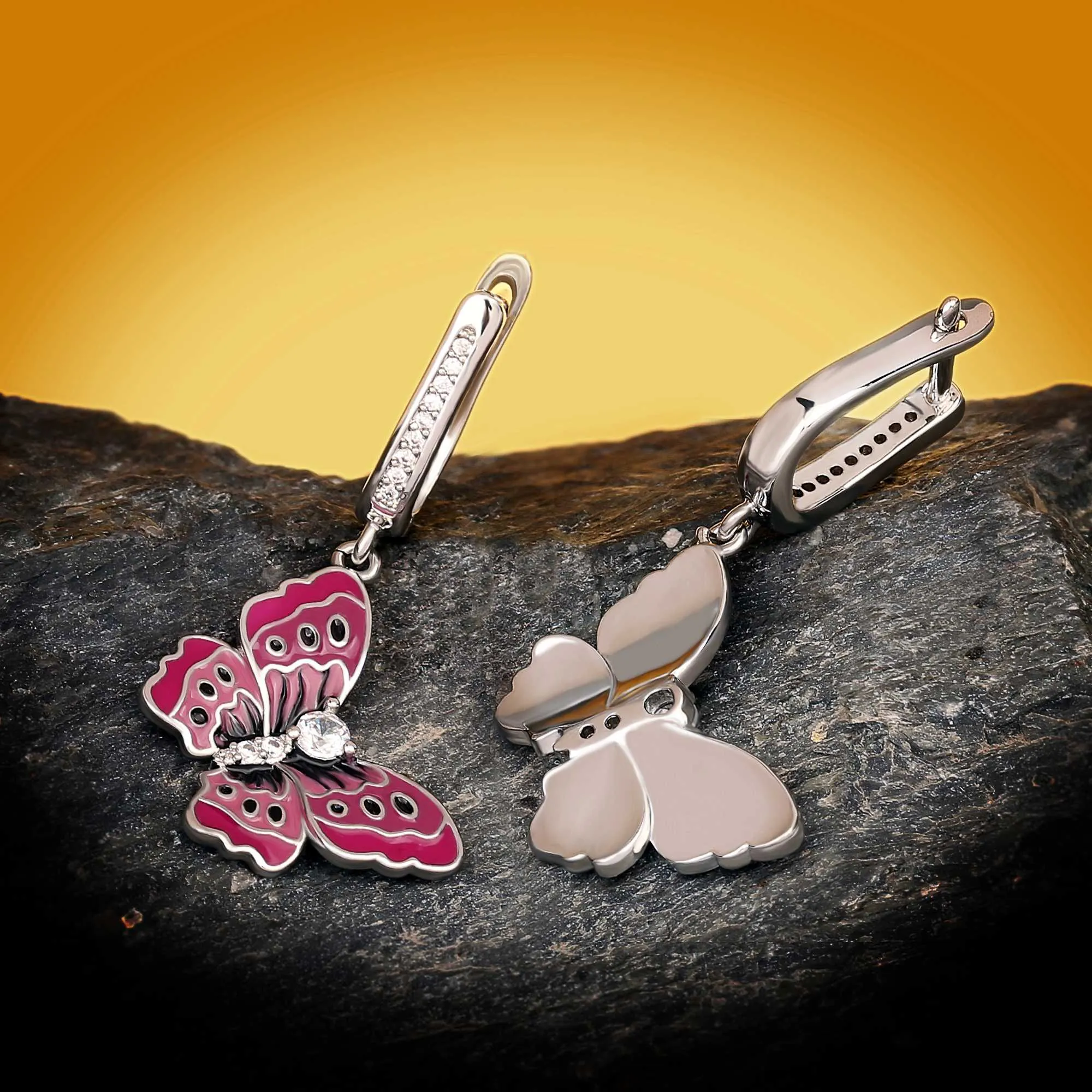 Pink Butterfly Enamel Drop Earrings for Women with Zircon in 925 Sterling Silver