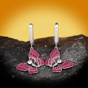 Pink Butterfly Enamel Drop Earrings for Women with Zircon in 925 Sterling Silver